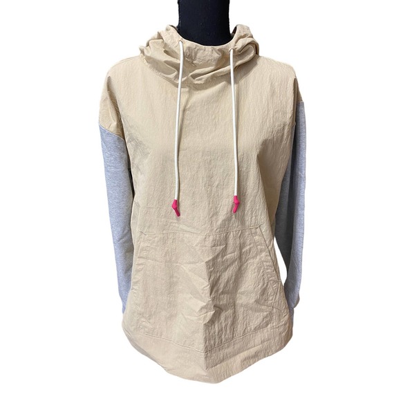 Calme by Johnny Was Tan Mix Nylon Hooded Pullover Pockets Oversized Cozy XS - Picture 2 of 9
